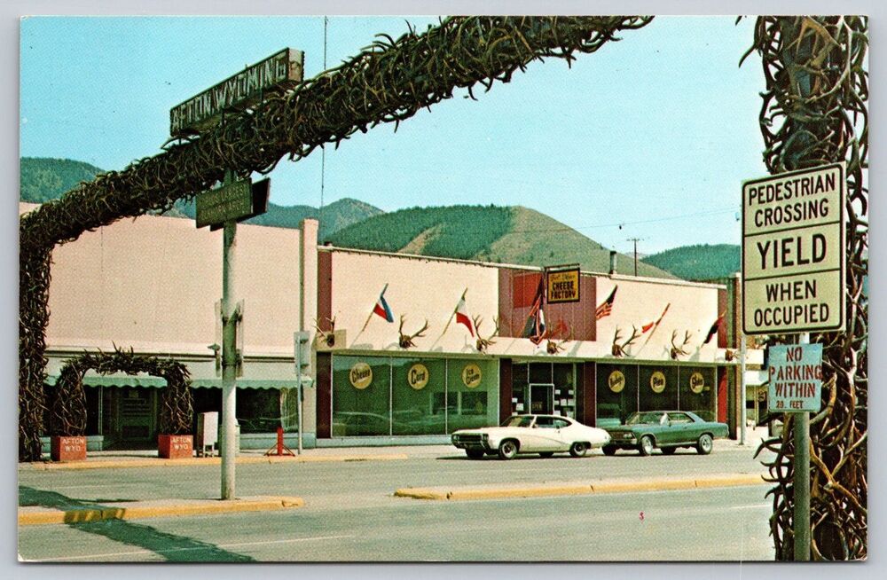 Vtg Postcard Afton WY Elk Horn Arch Brog's Cheese Factory 1960s Skylark Chevelle